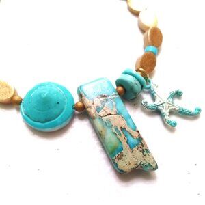 Coastal Cowgirl! Sea Sediment Jasper + Starfish + Shell Beaded Toggle Bracelet